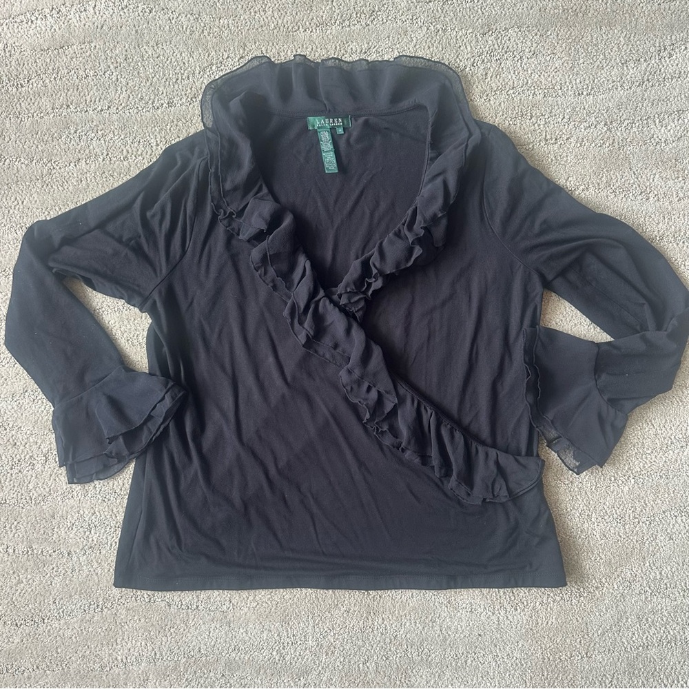 Lauren Ralph Lauren Faux Wrap Chiffon Ruffle Neck & Cuffs Blouse Black Size 2X - Picture 11 of 15